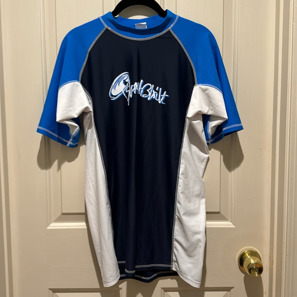 Men’s royal blue, navy, and white rash guard